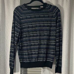 Perry Ellis Vintage Silk Blend Crewneck Sweater in Black and Blue Stripes